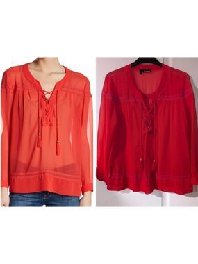 The Kooples | Red Lace-Up Tassel Blouse
